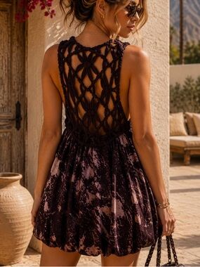YaYa Aflalo Silk Crochet Mini Dress Bubble Hem Y2K Truffle Pink Brown Small NWT